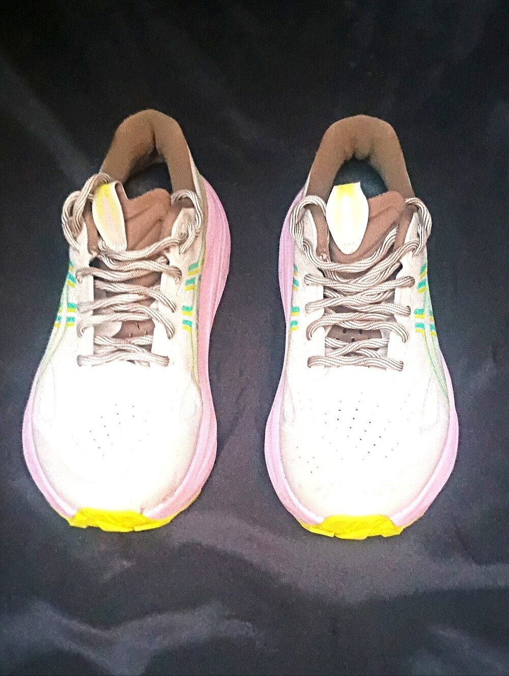 Asics Beige Athletic Sneakers with Pink Midsole and Yellow Toe